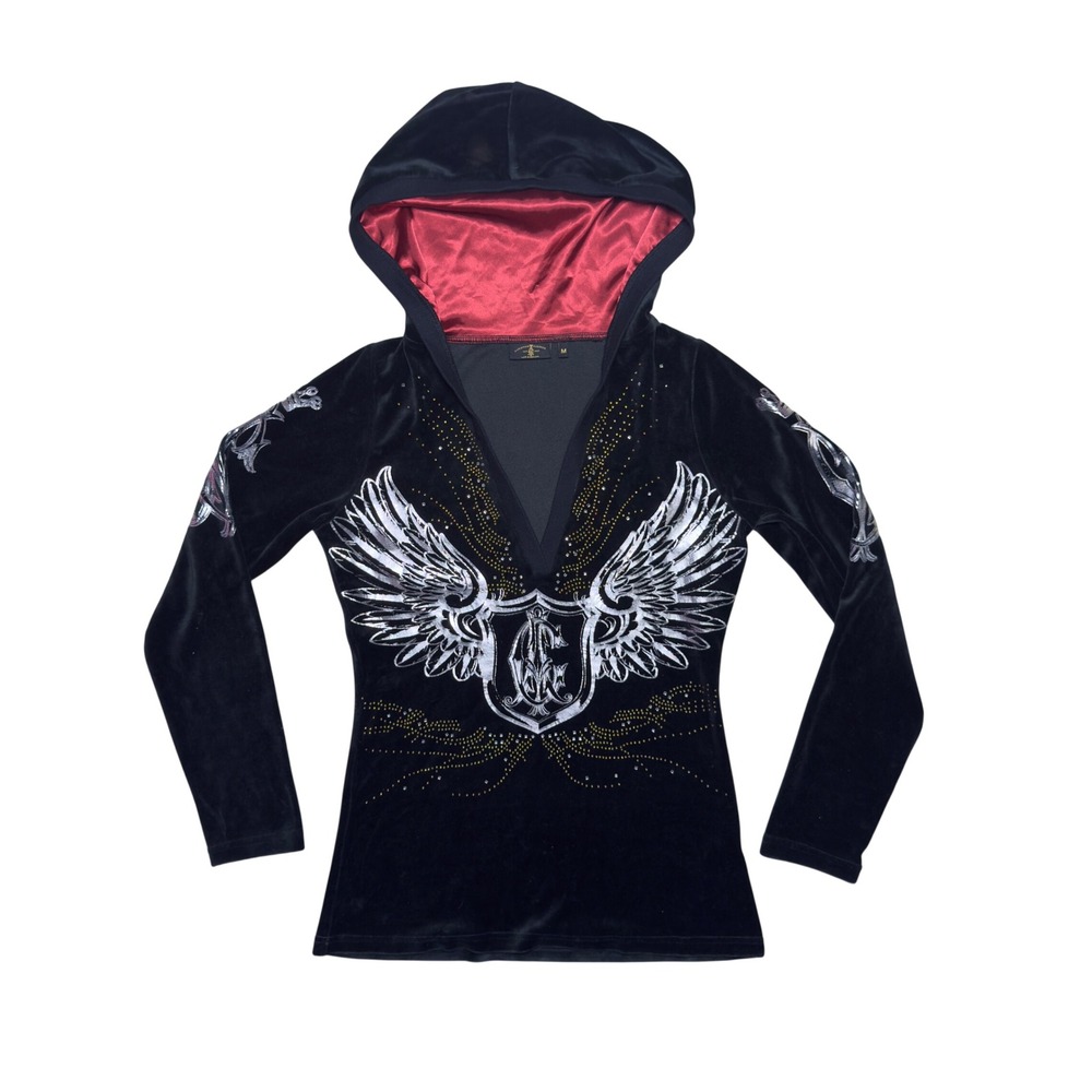 Christian Audigier Black Velour Rhinestone Wing Crown V-Neck Hoodie